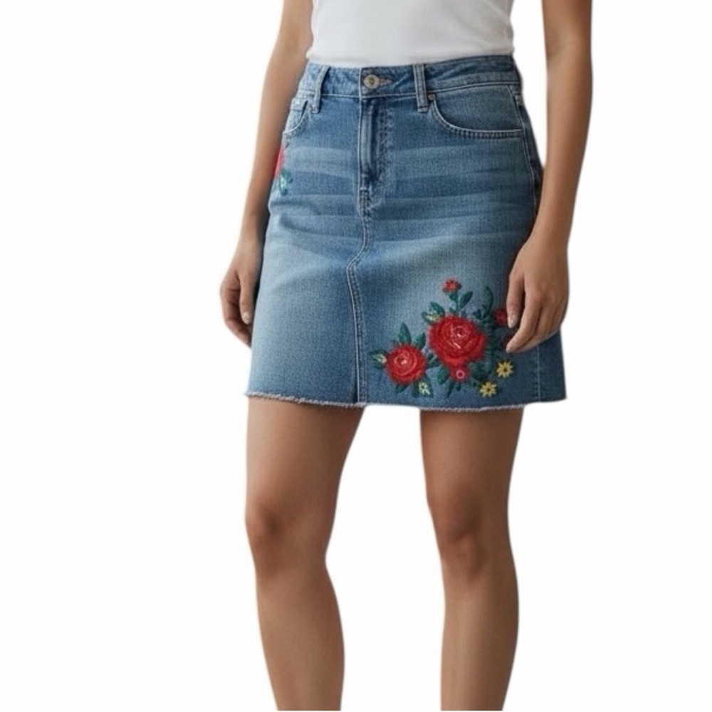 J. Crew Blue Denim Mini Skirt with Red Floral Embroidery